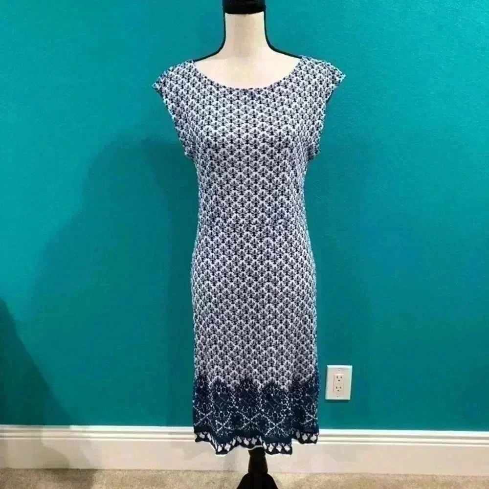 Jamie Cap-Sleeve Sheath Dress, Border Coast White/
Blue Womens Size M